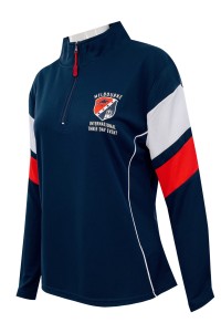 Design half - chest zipper female racing training dress tailored female sapphire blue racing training shirt sleeve matching color design zipper head design red print logo equestrian Australia W226